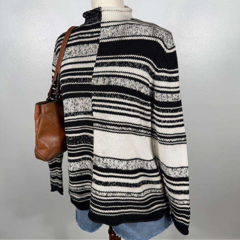 C.J. Banks Womenβs XL Black Cream Patchwork Striped Mock Roll Neck Sweater
